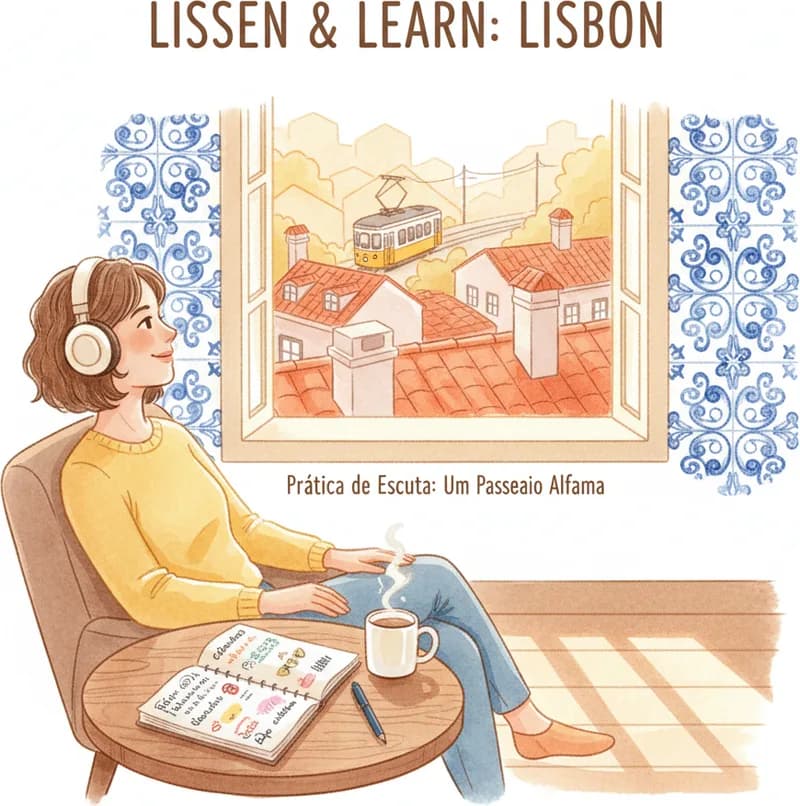 Person wearing headphones studying European Portuguese with notes — CIPLE A2 listening practice Person wearing headphones studying European Portuguese with notes — CIPLE A2 listening practice