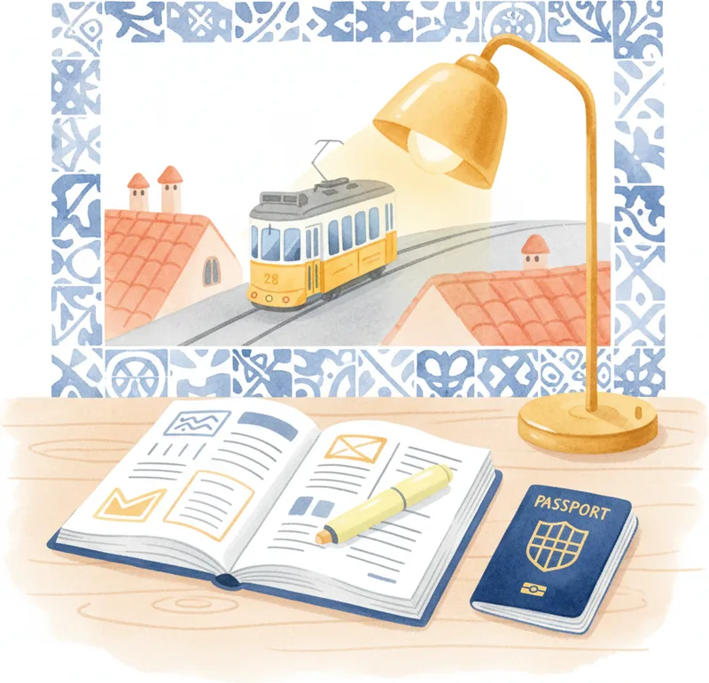 Adult learner with headphones at a laptop, notebooks and coffee, Portuguese azulejo tiles in the background — CIPLE A2 exam preparation Adult learner with headphones at a laptop, notebooks and coffee, Portuguese azulejo tiles in the background — CIPLE A2 exam preparation