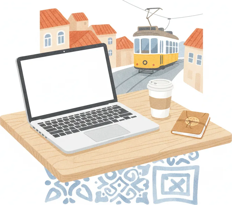 Remote worker with laptop by Portuguese tiles and river view — D8 visa path to citizenship