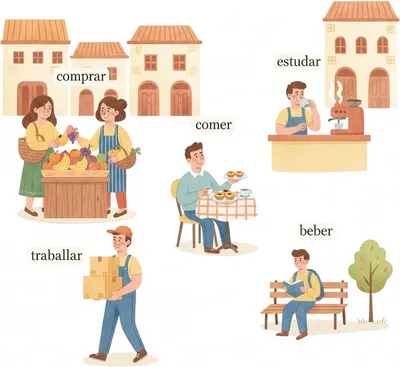 comprar, comer, beber, trabalhar, estudar — everyday verbs in action. comprar, comer, beber, trabalhar, estudar — everyday verbs in action.