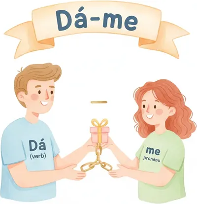 The verb hands something to the pronoun — linked by a hyphen: Dá-me, Deixou-me. The verb hands something to the pronoun — linked by a hyphen: Dá-me, Deixou-me.