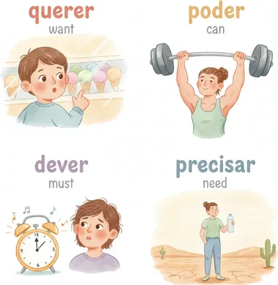 querer (want), poder (can), dever (must), precisar de (need) — the four key modals. querer (want), poder (can), dever (must), precisar de (need) — the four key modals.