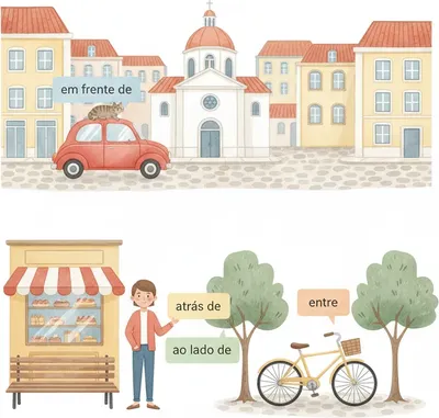 em frente de, atrás de, ao lado de, entre — prepositions you can see in a city. em frente de, atrás de, ao lado de, entre — prepositions you can see in a city.