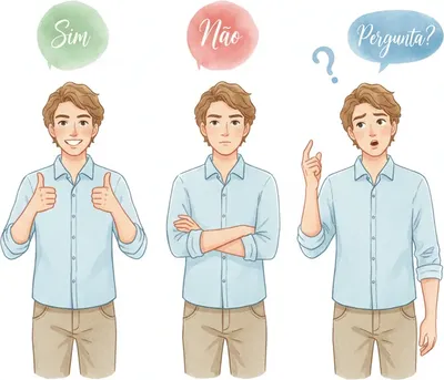 Same core, three forms: Sim (yes) ✓, Não (no) ✗, Pergunta (question) ? Same core, three forms: Sim (yes) ✓, Não (no) ✗, Pergunta (question) ?