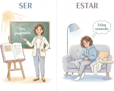ser = permanent identity (Eu sou professor); estar = temporary state (Eu estou cansado). ser = permanent identity (Eu sou professor); estar = temporary state (Eu estou cansado).