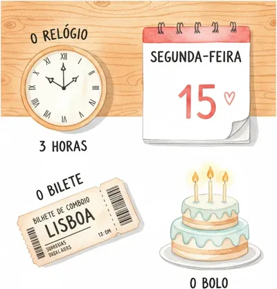 Horas (hours), dias (days), meses (months) — numbers in daily Portuguese life. Horas (hours), dias (days), meses (months) — numbers in daily Portuguese life.