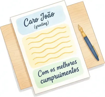 Letter structure: Caro/a… (greeting) → body → Com os melhores cumprimentos (closing). Letter structure: Caro/a… (greeting) → body → Com os melhores cumprimentos (closing).